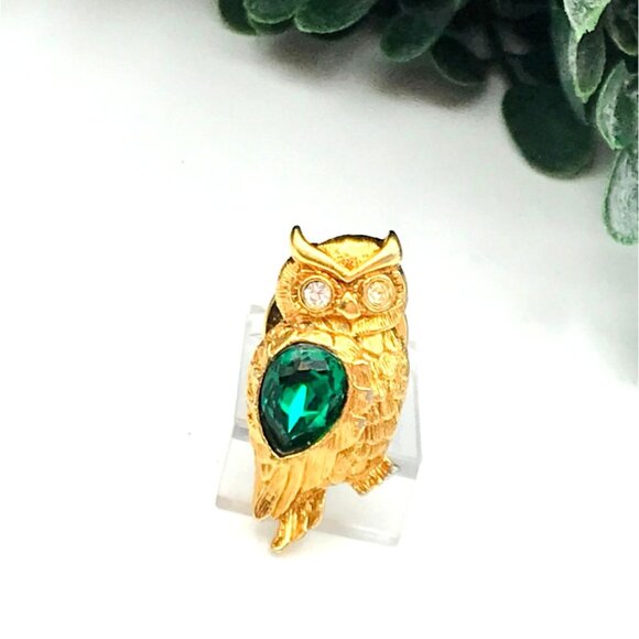 Gold-Tone Owl Lapel Pin With Green Gemstone Accent & Crystal Eyes - Picture 1 of 3